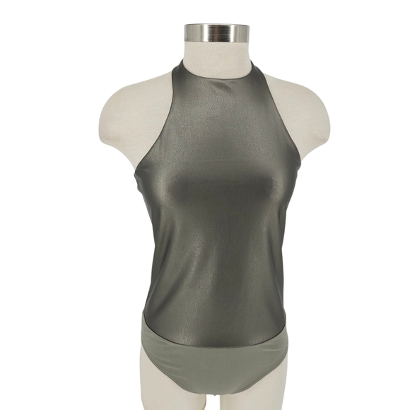 Express Faux Leather Bodysuit Pewter Metallic Sleeveless Halter Thong One Piece - Picture 1 of 9